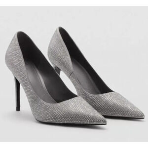 MANGO MNG SILVER RHINESTONE STRACH EMBELLISHED STILETTO HEELS SHOES SZ 37 US 6.5